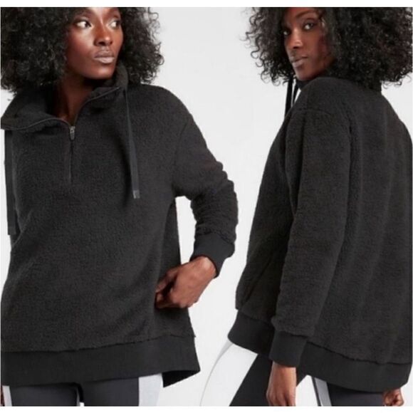 Athleta Pullover Womens XS Black Deep Pile Fleece 1/4 Zip Preppy Drawstring - Picture 1 of 9